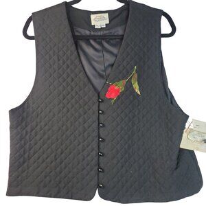 Quilted Floral Vest Size 12 Susan Bristol Winter Rose Black USA Button Deadstock